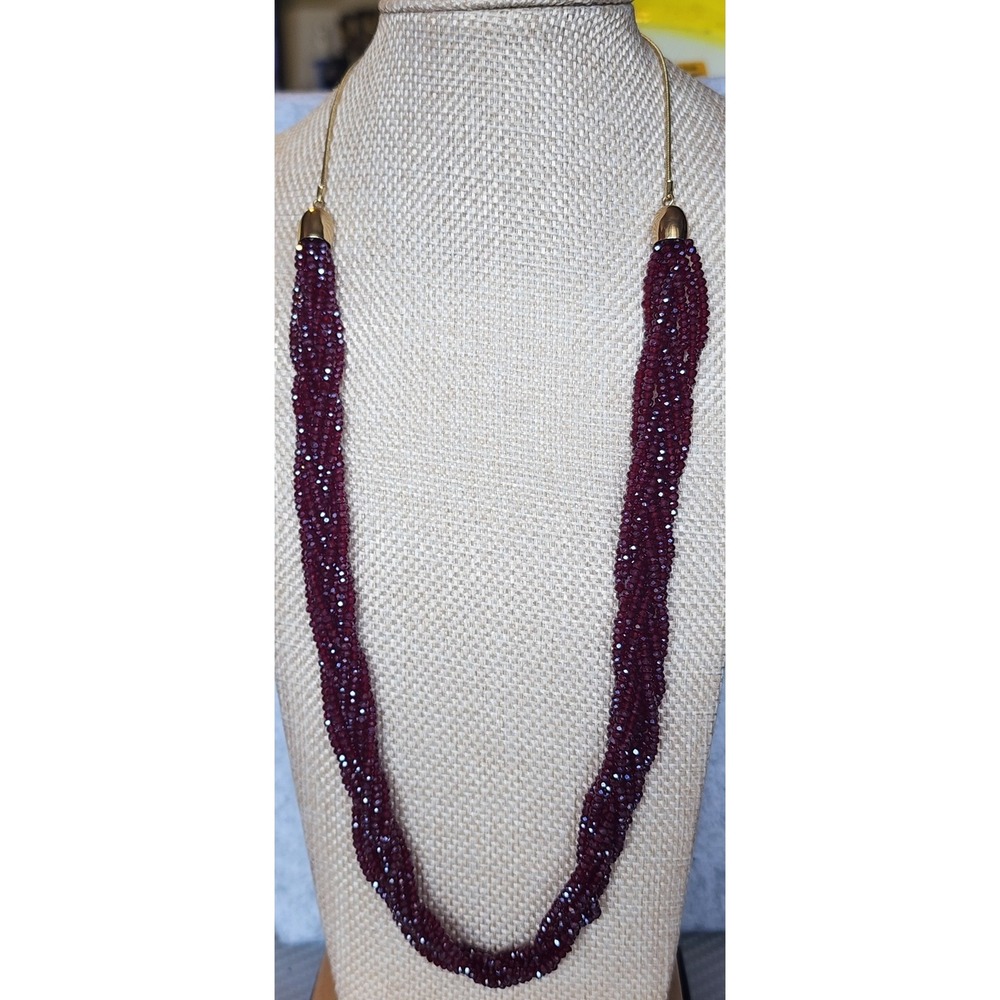 Gold Tone Burgundy Faceted Glass Multi-Strand Twisted Bead Necklace  Adjustable